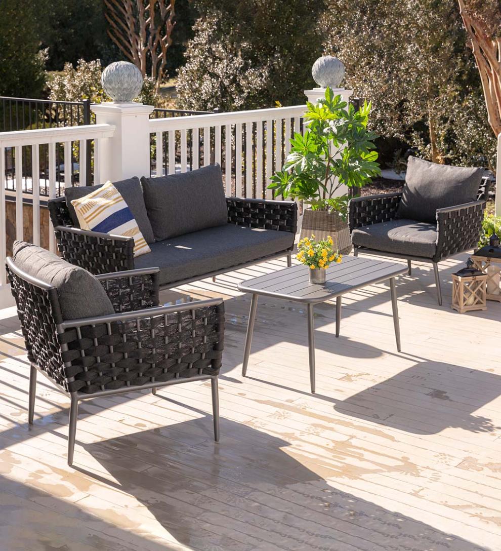 Plow & Hearth Outdoor Wicker Outdoor Living Woven Outdoor Lounge Set With Cushions, 4-Piece - Black