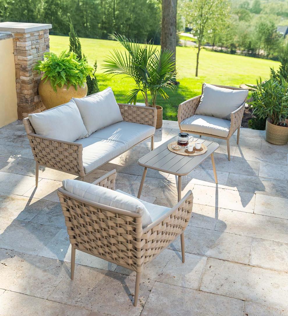 Plow & Hearth Outdoor Wicker Outdoor Living Woven Outdoor Lounge Set With Cushions, 4-Piece - Black