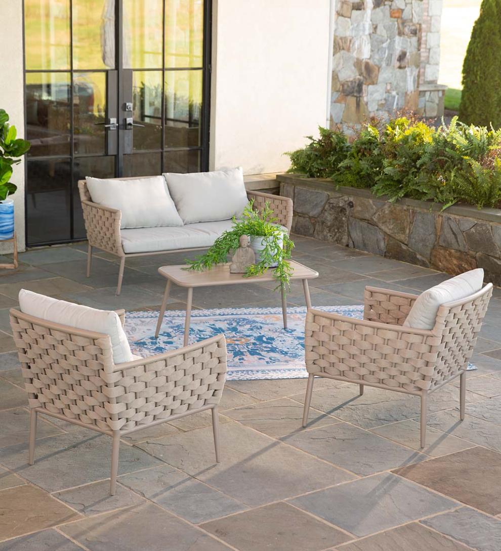 Plow & Hearth Outdoor Wicker Outdoor Living Woven Outdoor Lounge Set With Cushions, 4-Piece - Black