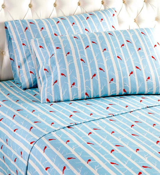 Plow & Hearth Sheets Indoor Living Cardinals On Blue Background Micro Flannel Sheet Set