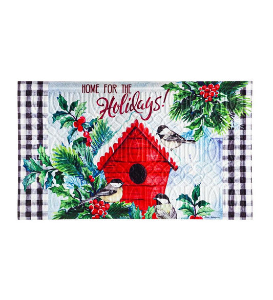 Plow & Hearth Small Accent Rugs Indoor Living Indoor/Outdoor Chickadees Holiday Birdhouse Embossed Floor Mat