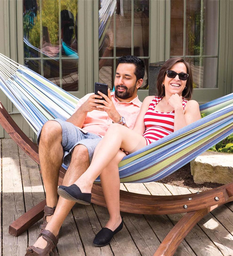 Plow & Hearth Swings & Hammocks Outdoor Living Double Hammock With Stand - Blue Lagoon