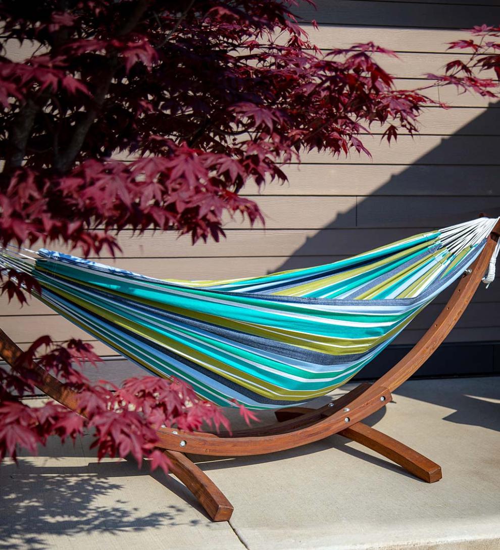 Plow & Hearth Swings & Hammocks Outdoor Living Double Hammock With Stand - Blue Lagoon