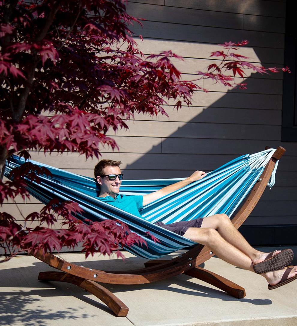 Plow & Hearth Swings & Hammocks Outdoor Living Double Hammock With Stand - Blue Lagoon