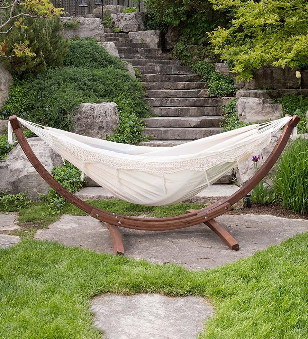 Plow & Hearth Swings & Hammocks Outdoor Living Double Hammock With Stand - Blue Lagoon