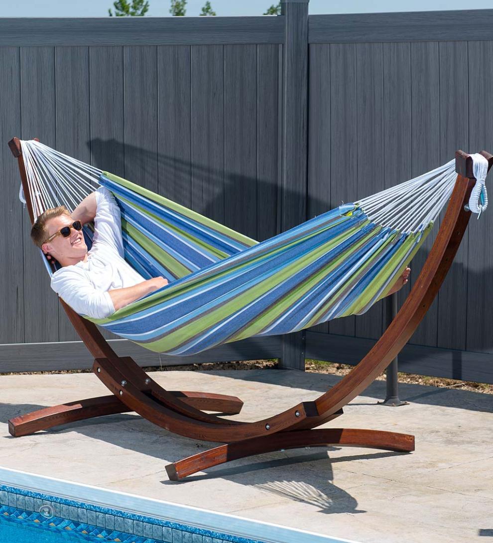 Plow & Hearth Swings & Hammocks Outdoor Living Double Hammock With Stand - Blue Lagoon
