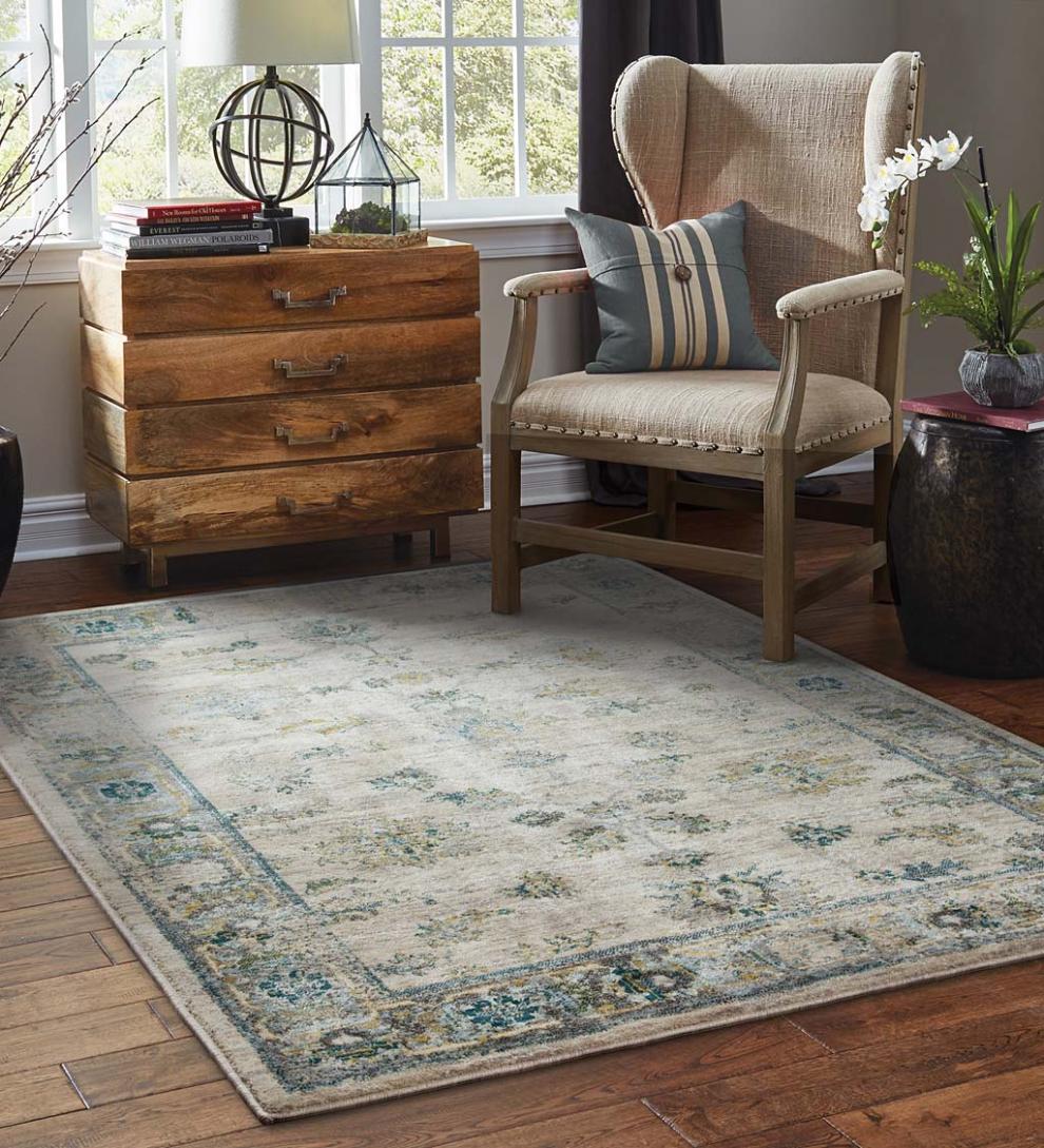 Plow & Hearth Synthetic Rugs Indoor Living Covington Ivory And Blue Antiqued Floral Rug
