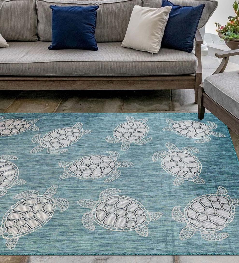 Plow & Hearth Synthetic Rugs Indoor Living Indoor/Outdoor Textured Sea Turtles Polypropylene Rug