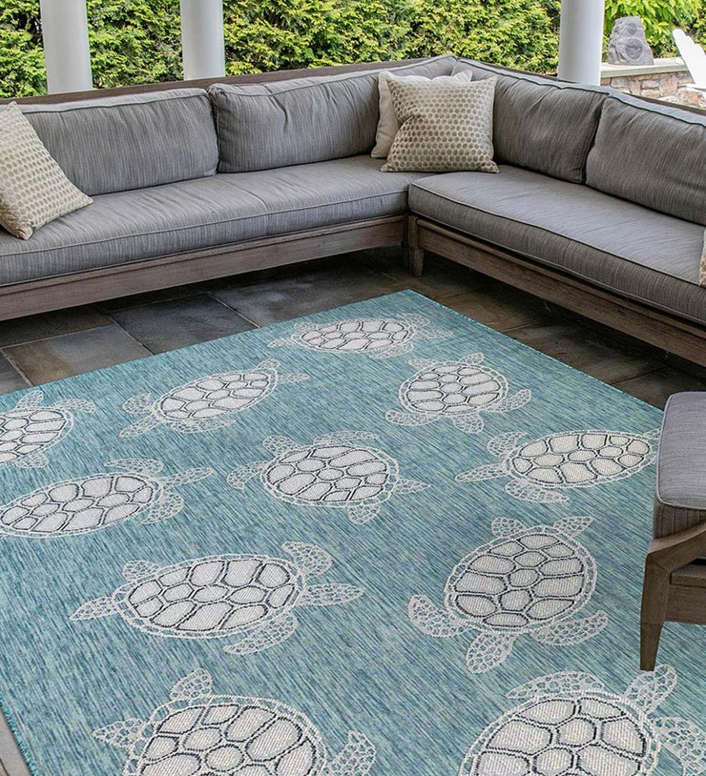 Plow & Hearth Synthetic Rugs Indoor Living Indoor/Outdoor Textured Sea Turtles Polypropylene Rug