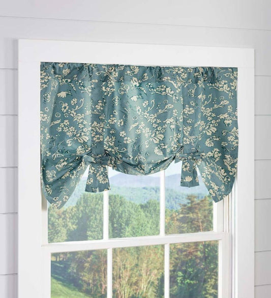 Plow & Hearth Valances Indoor Living Floral Damask Bow Tie Window Valance - Blue
