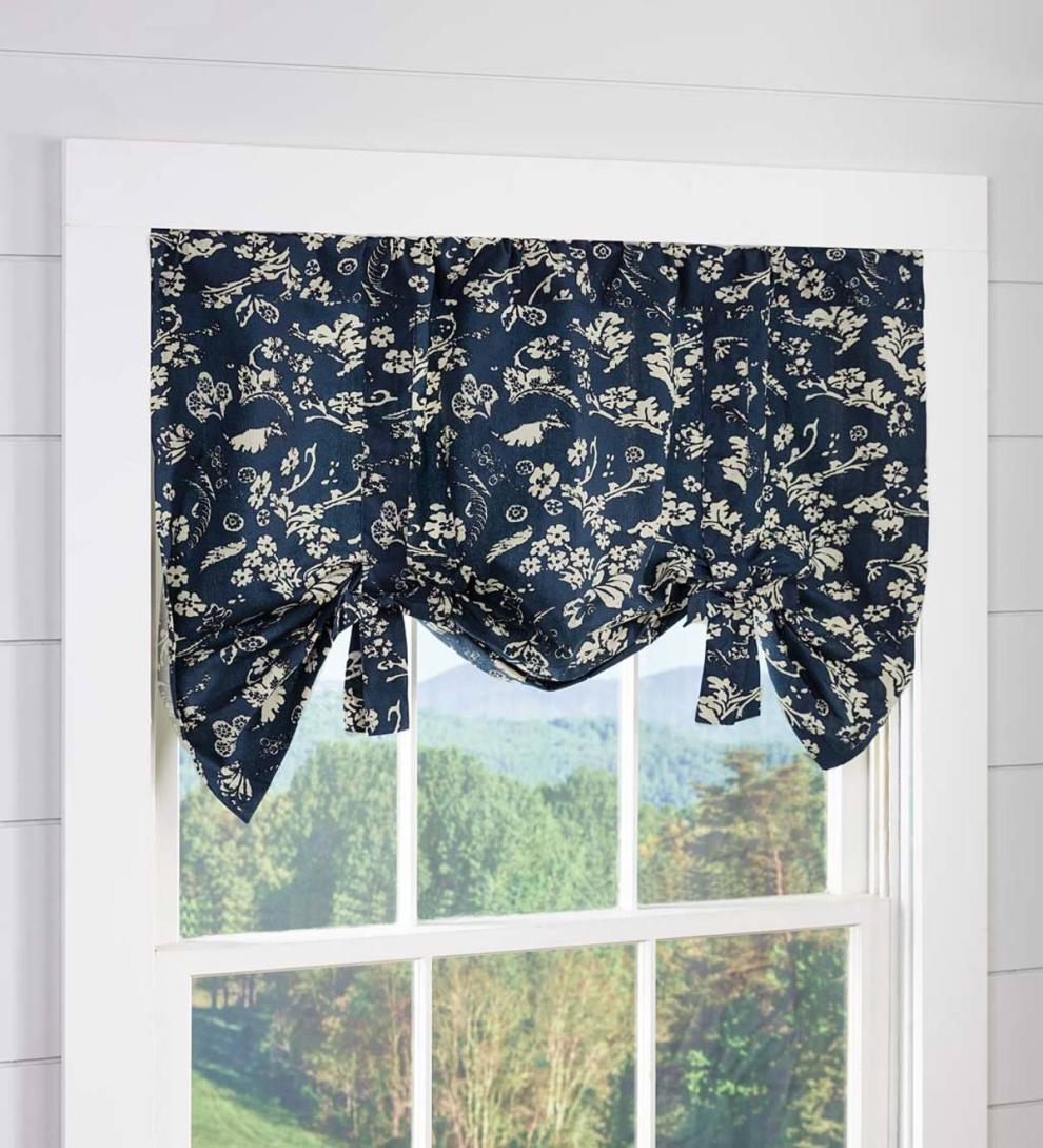 Plow & Hearth Valances Indoor Living Floral Damask Bow Tie Window Valance - Blue