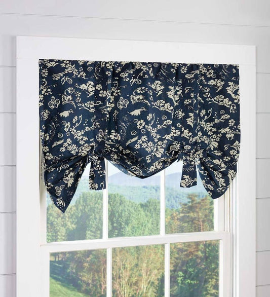 Plow & Hearth Valances Indoor Living Floral Damask Bow Tie Window Valance - Blue