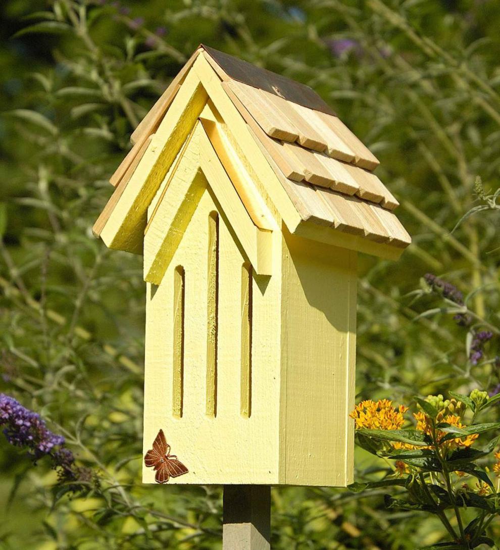 Plow & Hearth Wildlife Housing Yard & Garden Mademoiselle Wood Butterfly House Shelter With Pole - Red