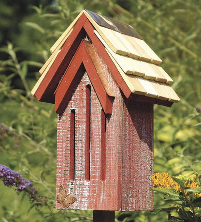 Plow & Hearth Wildlife Housing Yard & Garden Mademoiselle Wood Butterfly House Shelter With Pole - Red