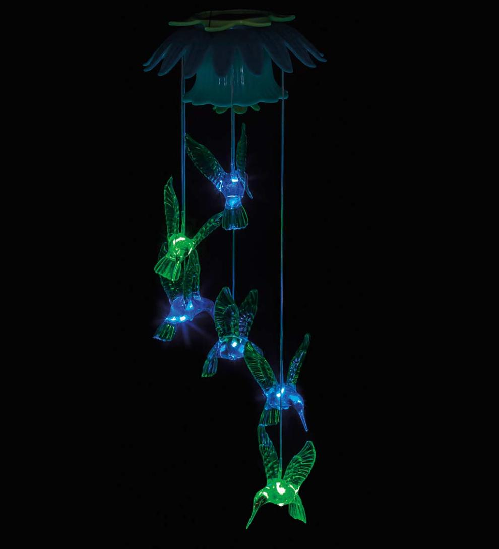 Plow & Hearth Wind Chimes & Mobiles Outdoor Living Color Changing Hummingbirds Solar Mobile With Flower Top