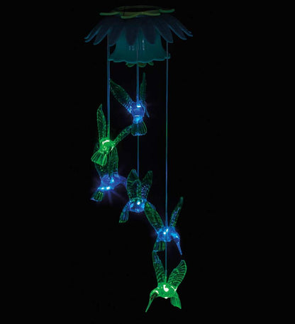Plow & Hearth Wind Chimes & Mobiles Outdoor Living Color Changing Hummingbirds Solar Mobile With Flower Top