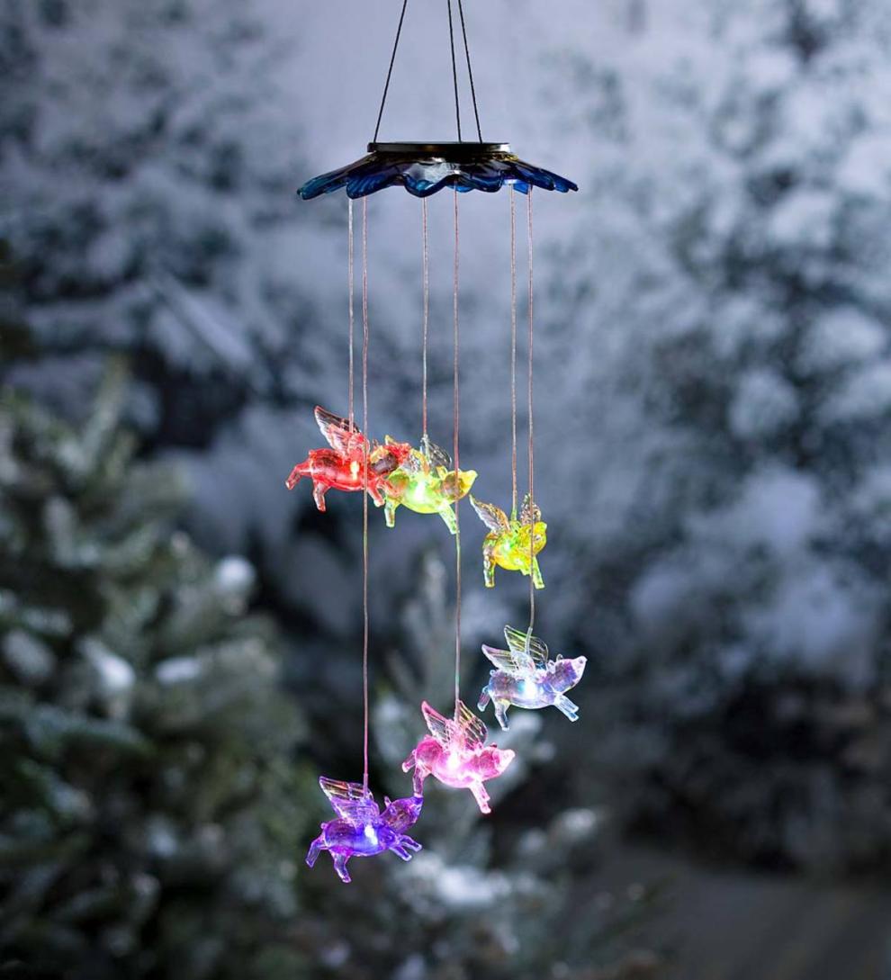 Plow & Hearth Wind Chimes & Mobiles Outdoor Living Color Changing Solar Mobile With Flying Pigs
