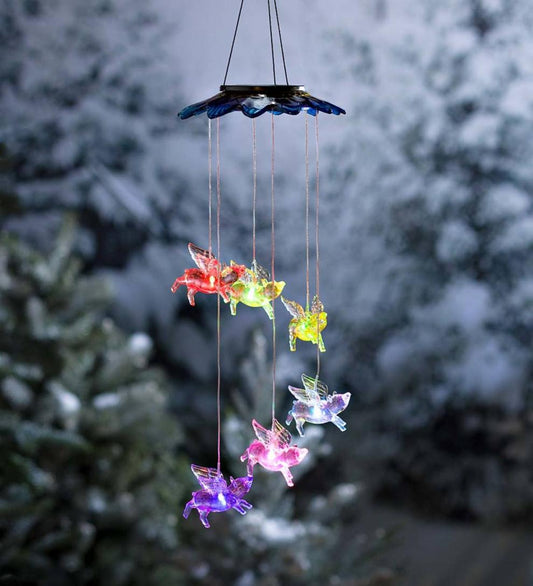 Plow & Hearth Wind Chimes & Mobiles Outdoor Living Color Changing Solar Mobile With Flying Pigs