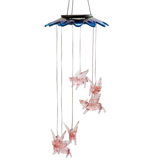 Plow & Hearth Wind Chimes & Mobiles Outdoor Living Color Changing Solar Mobile With Flying Pigs