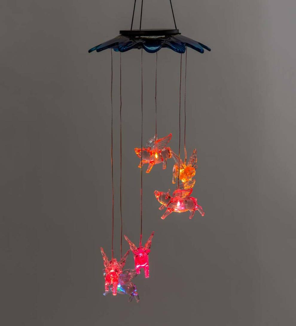 Plow & Hearth Wind Chimes & Mobiles Outdoor Living Color Changing Solar Mobile With Flying Pigs