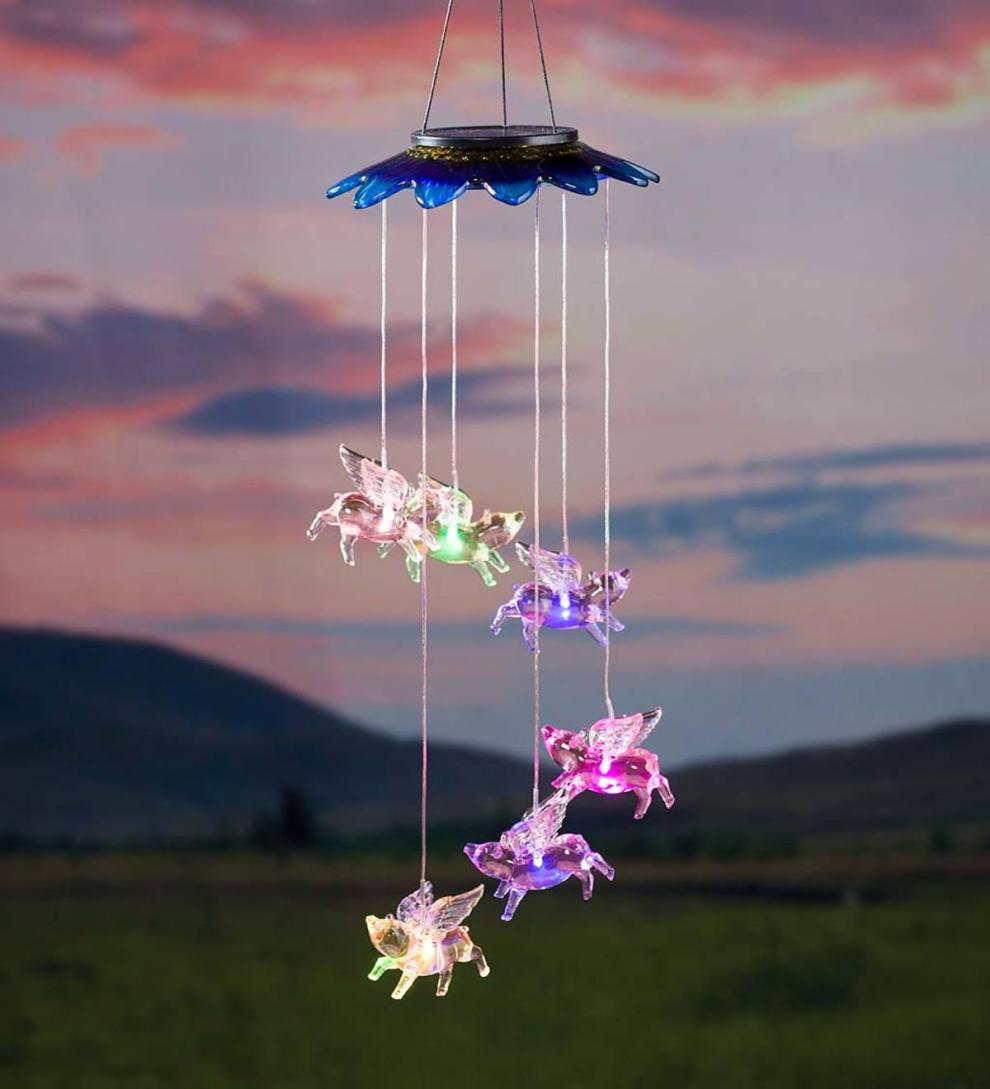 Plow & Hearth Wind Chimes & Mobiles Outdoor Living Color Changing Solar Mobile With Flying Pigs
