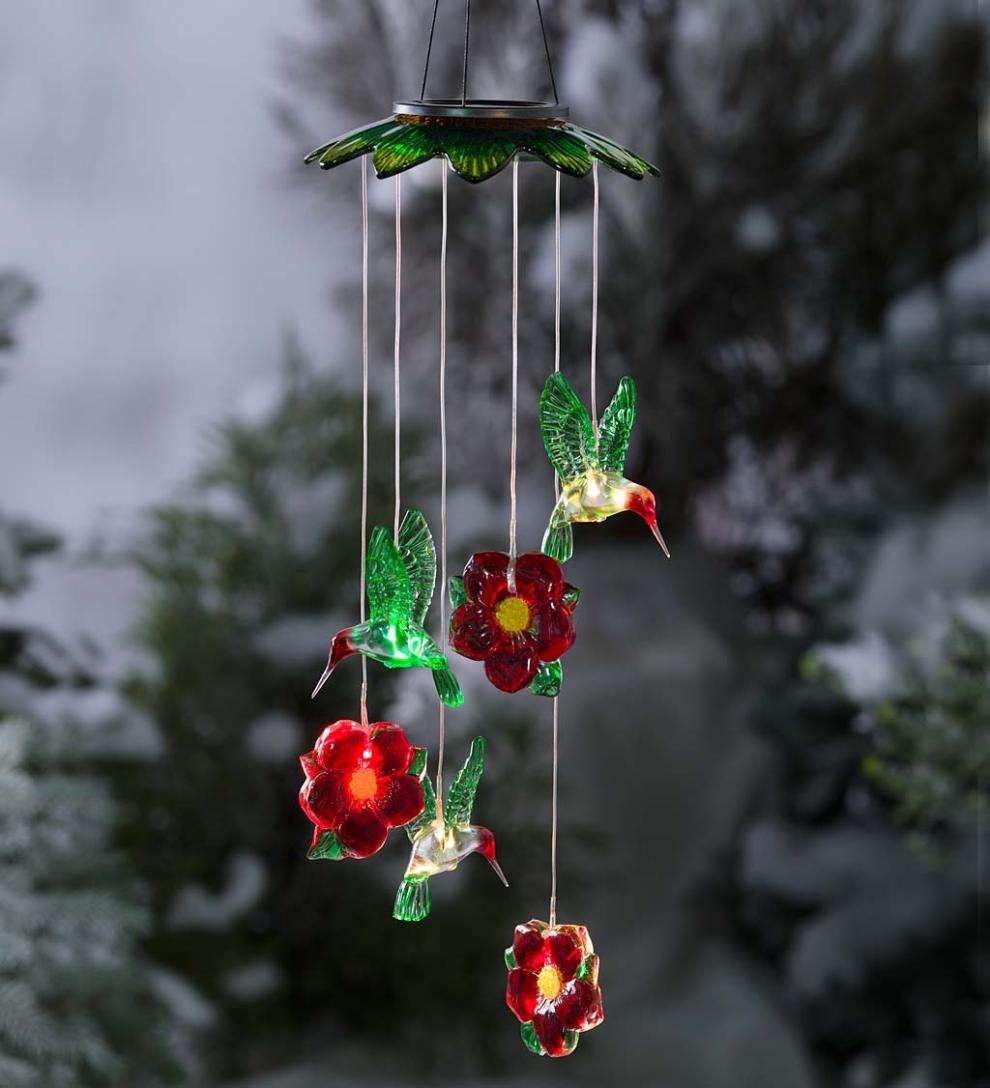 Plow & Hearth Wind Chimes & Mobiles Outdoor Living Color Changing Solar Mobile With Hummingbirds And Flowers