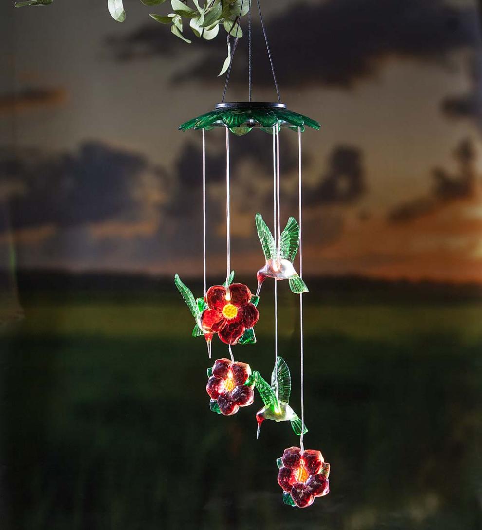 Plow & Hearth Wind Chimes & Mobiles Outdoor Living Color Changing Solar Mobile With Hummingbirds And Flowers