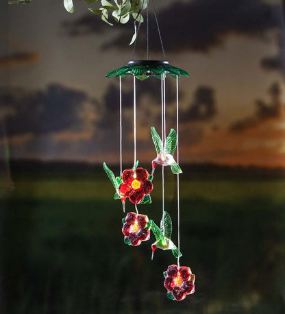 Plow & Hearth Wind Chimes & Mobiles Outdoor Living Color Changing Solar Mobile With Hummingbirds And Flowers