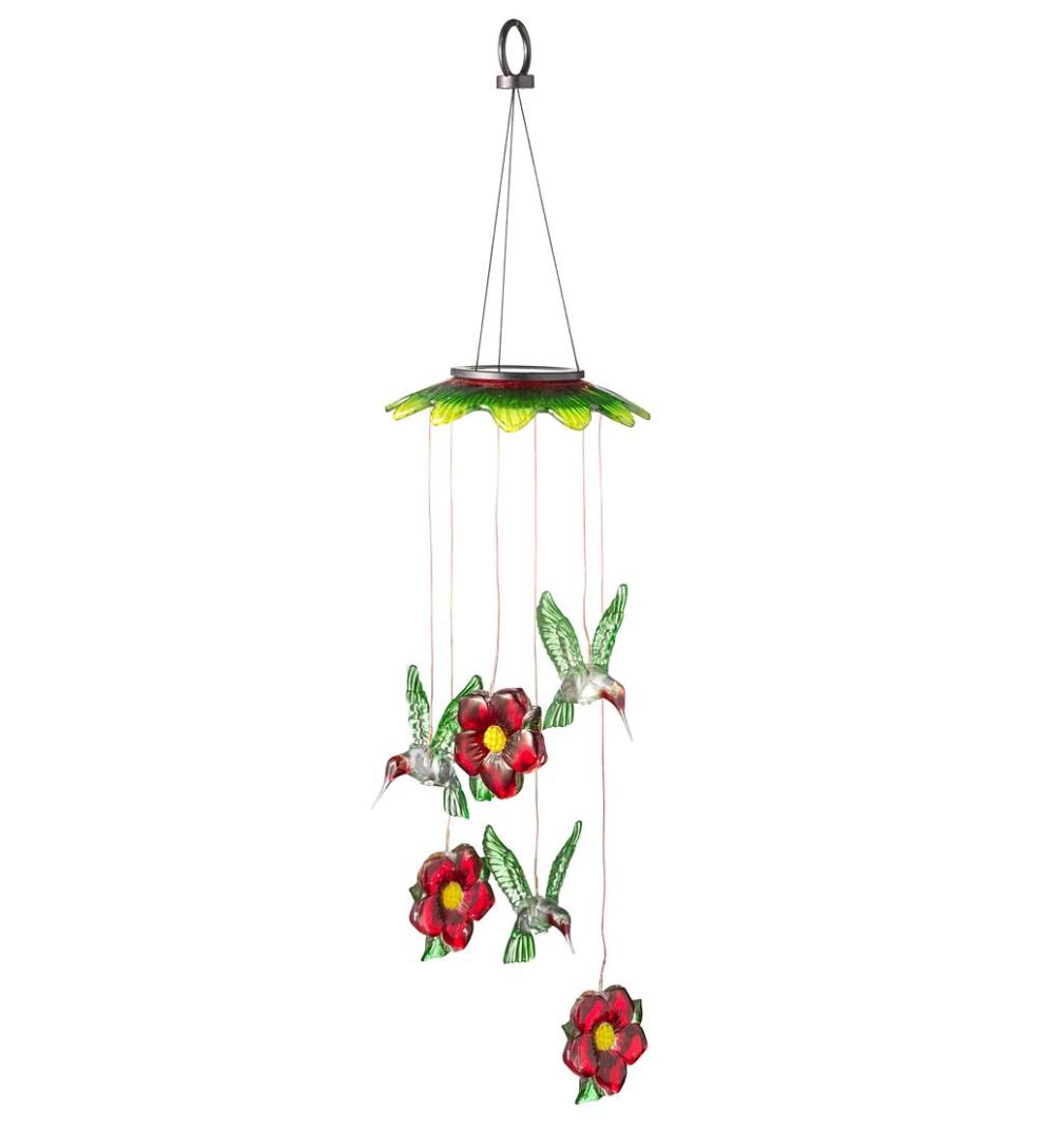 Plow & Hearth Wind Chimes & Mobiles Outdoor Living Color Changing Solar Mobile With Hummingbirds And Flowers