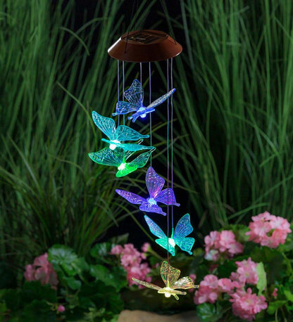Plow & Hearth Wind Chimes & Mobiles Outdoor Living Color Changing Solar Mobile With Iridescent Butterflies