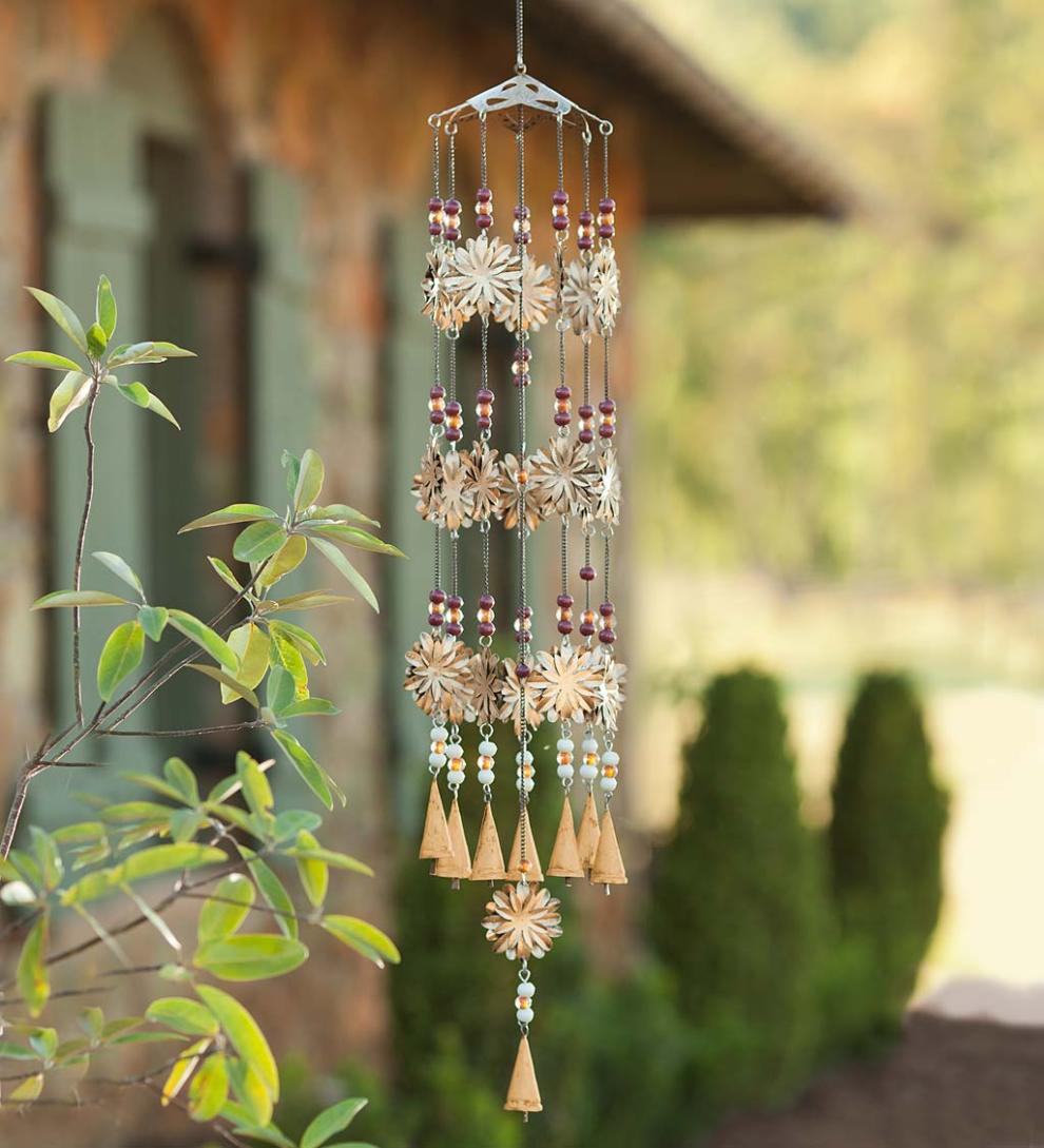 Plow & Hearth Wind Chimes & Mobiles Outdoor Living Sunflower And Beads Metal Wind Chime