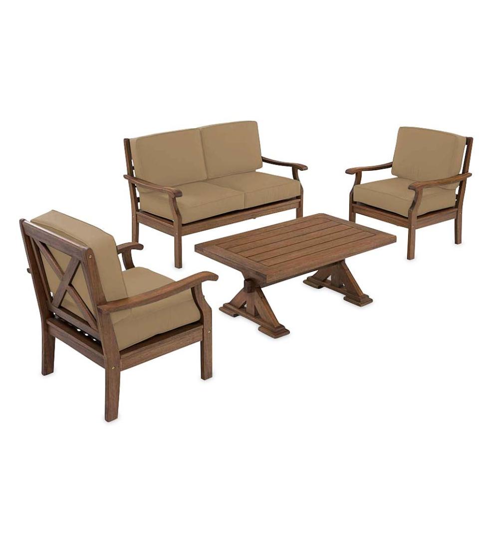 Plow & Hearth Wood Furniture Outdoor Living Claremont Deep Seating Love Seat Set With Cushions - Midnight Navy