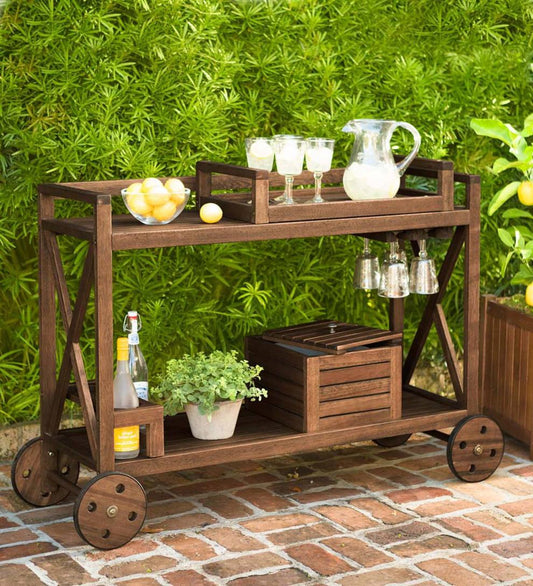 Plow & Hearth Wood Furniture Outdoor Living Claremont Eucalyptus Rolling Outdoor Bar Cart - Natural