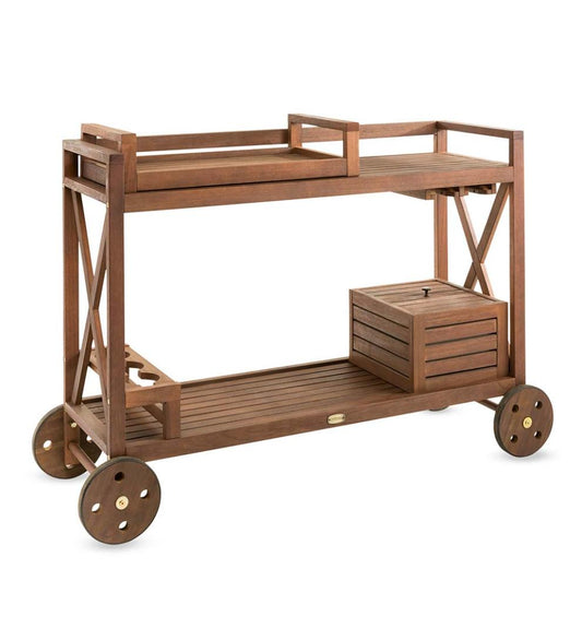 Plow & Hearth Wood Furniture Outdoor Living Claremont Eucalyptus Rolling Outdoor Bar Cart - Natural