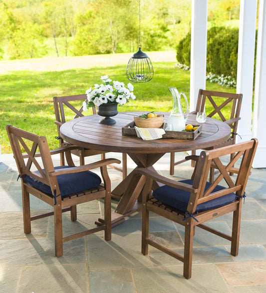Plow & Hearth Wood Furniture Outdoor Living Claremont Eucalyptus Round Dining Table And Chairs