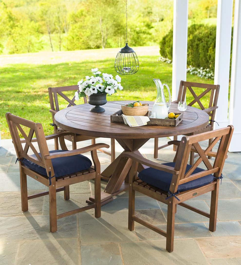 Plow & Hearth Wood Furniture Outdoor Living Claremont Eucalyptus Round Dining Table And Chairs