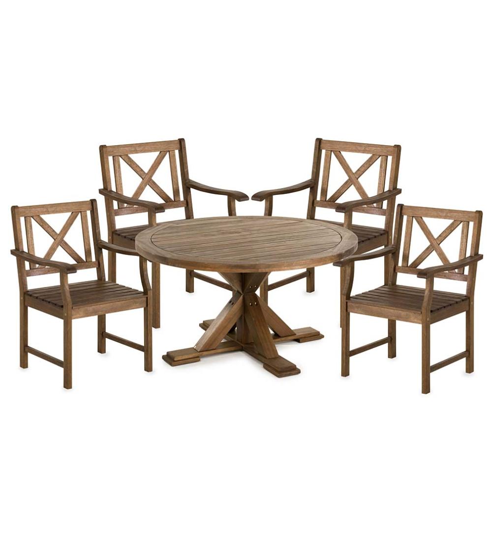 Plow & Hearth Wood Furniture Outdoor Living Claremont Eucalyptus Round Dining Table And Chairs