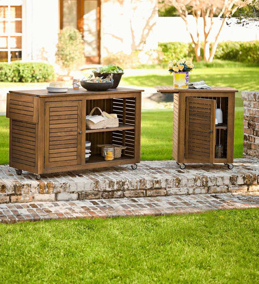 Plow & Hearth Wood Furniture Outdoor Living Eucalyptus Wood Rolling Carts, Lancaster Outdoor Furniture Collection