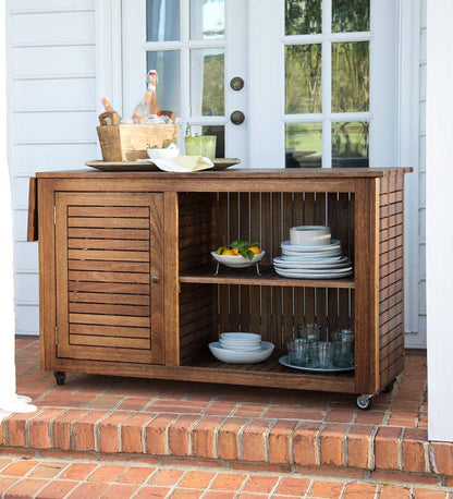 Plow & Hearth Wood Furniture Outdoor Living Eucalyptus Wood Rolling Carts, Lancaster Outdoor Furniture Collection