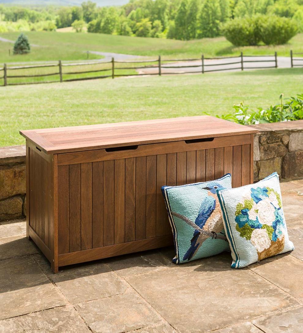 Plow & Hearth Wood Furniture Outdoor Living Eucalyptus Wood Storage Box, Lancaster Outdoor Furniture Collection - Natural