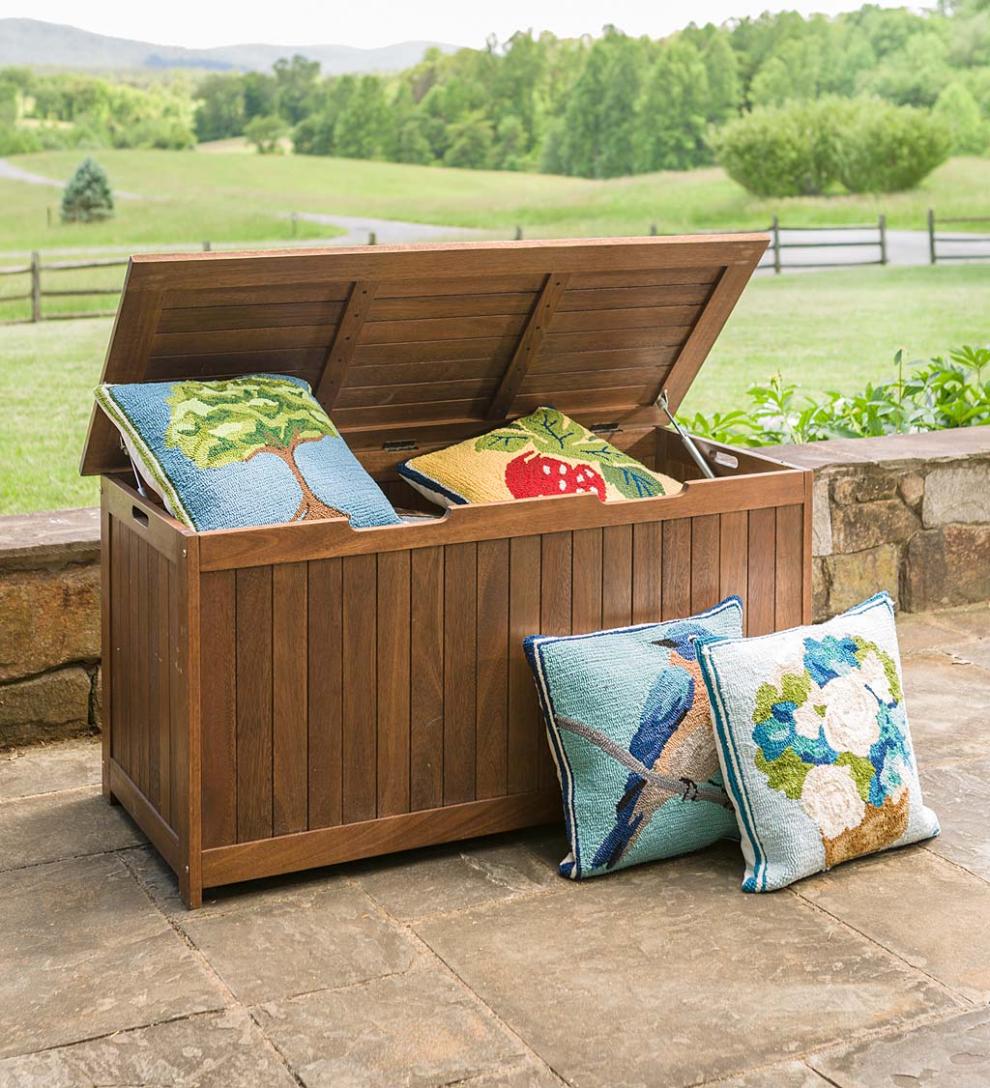 Plow & Hearth Wood Furniture Outdoor Living Eucalyptus Wood Storage Box, Lancaster Outdoor Furniture Collection - Natural
