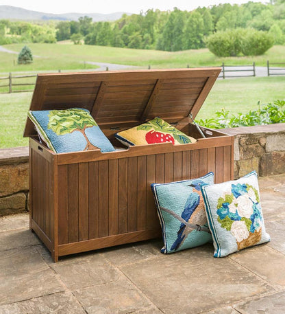 Plow & Hearth Wood Furniture Outdoor Living Eucalyptus Wood Storage Box, Lancaster Outdoor Furniture Collection - Natural