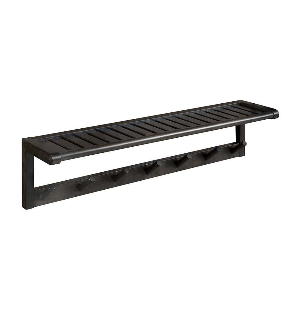 Plow & Hearth Wood Furniture Outdoor Living Farmhouse Wall-Mount Wood Coat Rack With Pegs And Top Shelf - Antique Chestnut