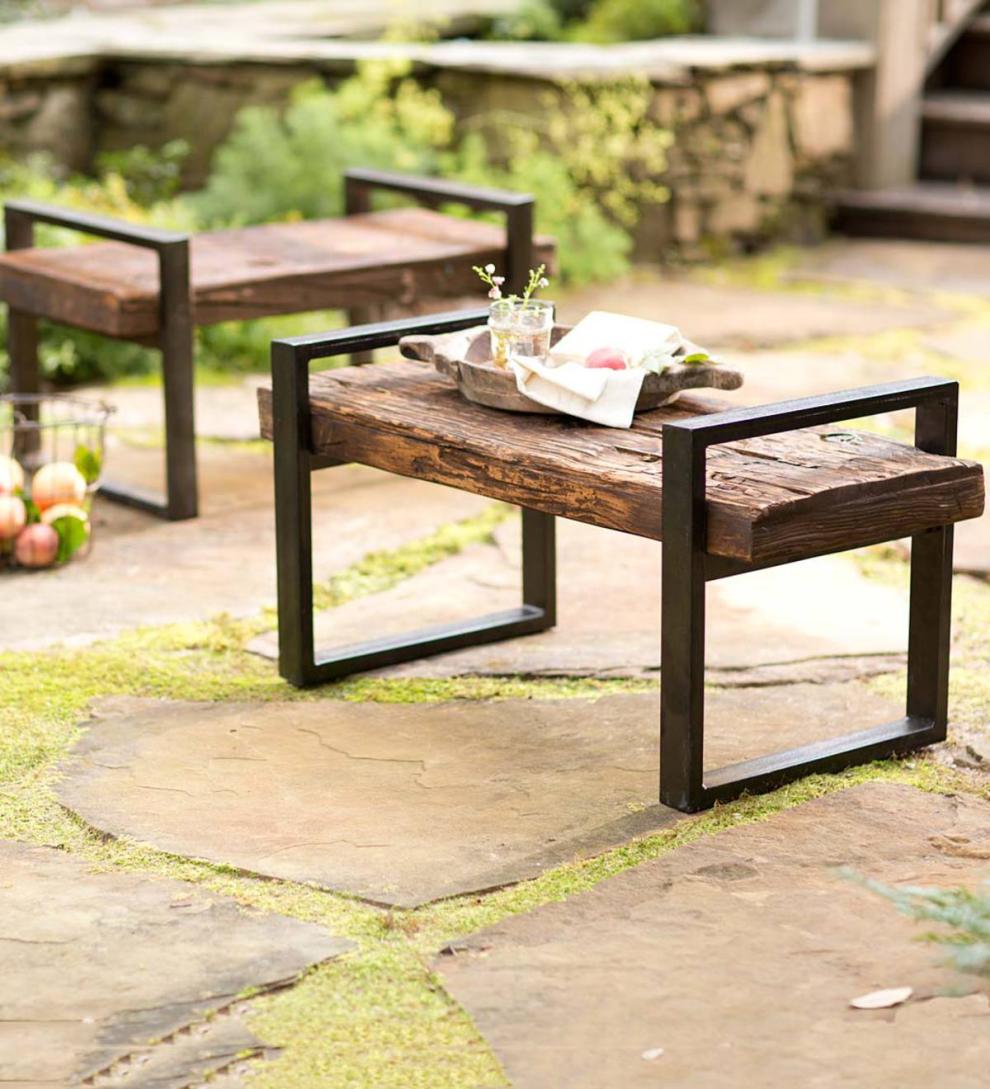 Plow & Hearth Wood Furniture Outdoor Living Reclaimed Wood And Iron Outdoor Bench - Bronze