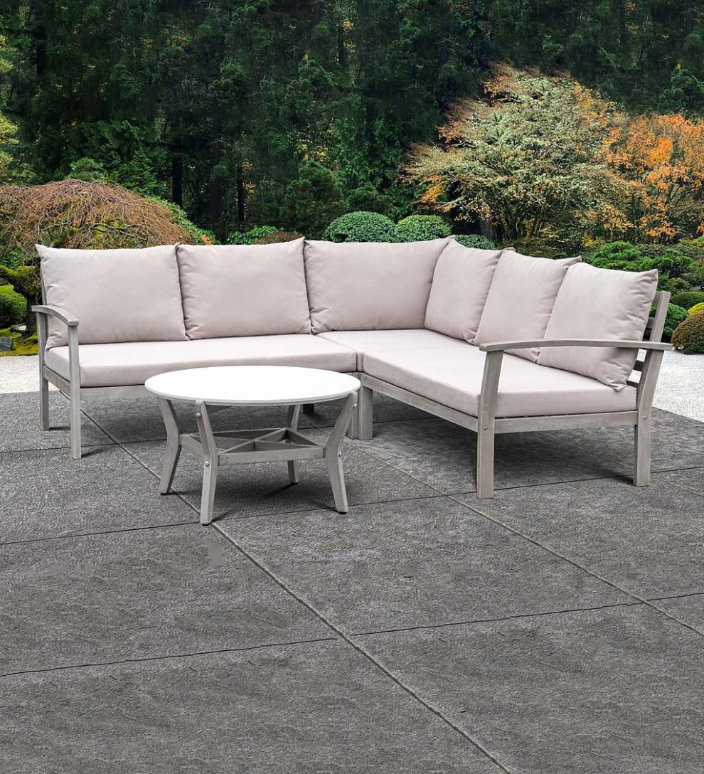 Plow & Hearth Wood Furniture Outdoor Living Ridgewind Outdoor Sectional Sofa Seating Set With Cocktail Table
