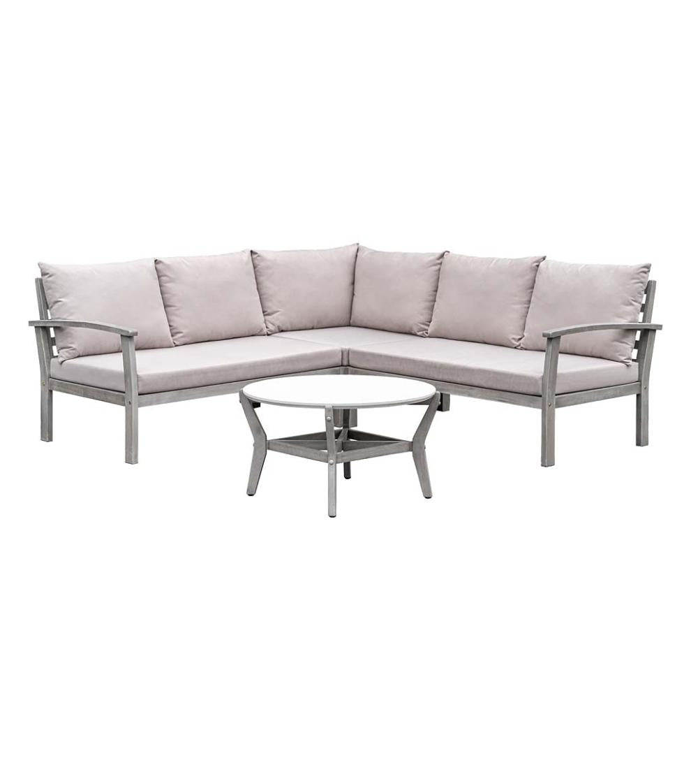 Plow & Hearth Wood Furniture Outdoor Living Ridgewind Outdoor Sectional Sofa Seating Set With Cocktail Table
