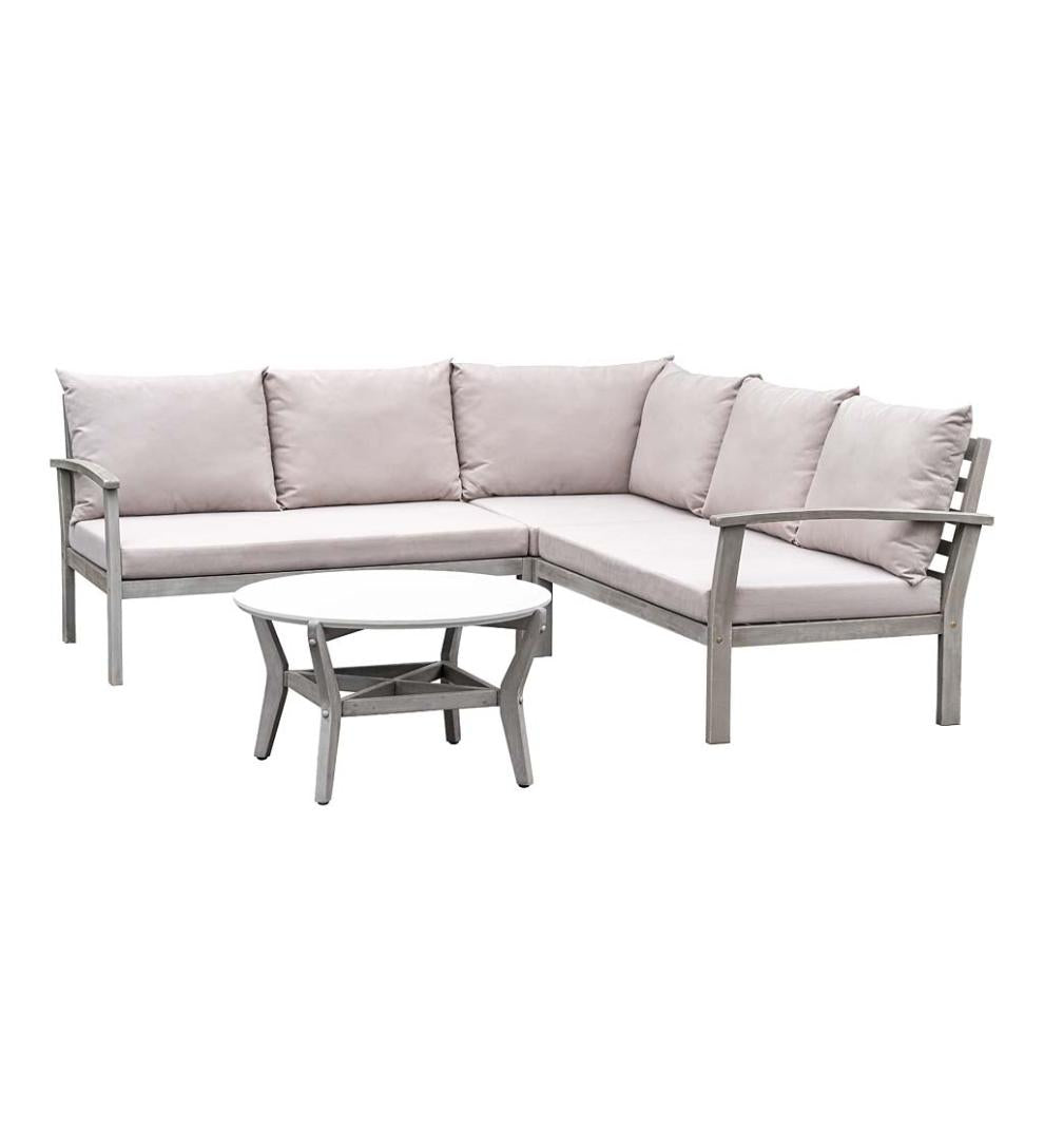 Plow & Hearth Wood Furniture Outdoor Living Ridgewind Outdoor Sectional Sofa Seating Set With Cocktail Table