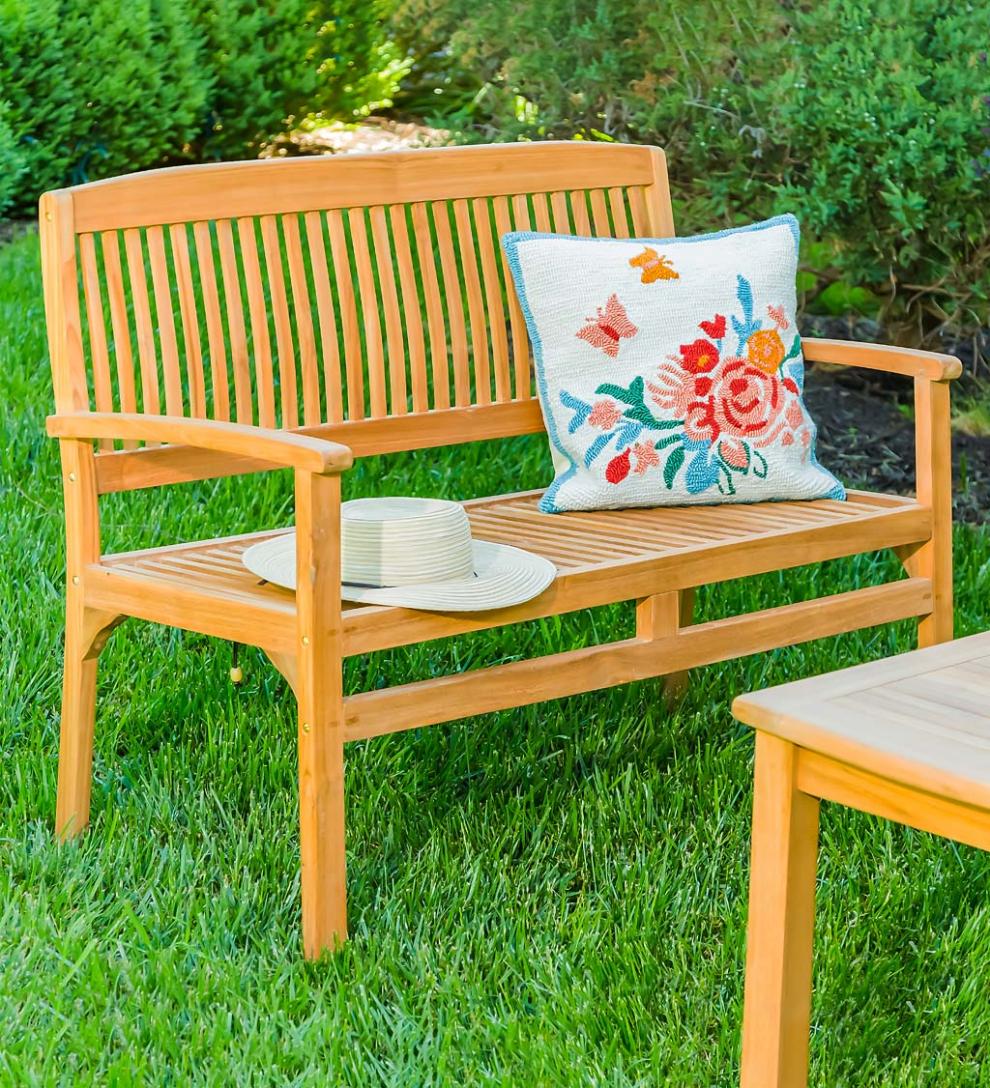Plow & Hearth Wood Furniture Outdoor Living Teak Bench With Arm Rests