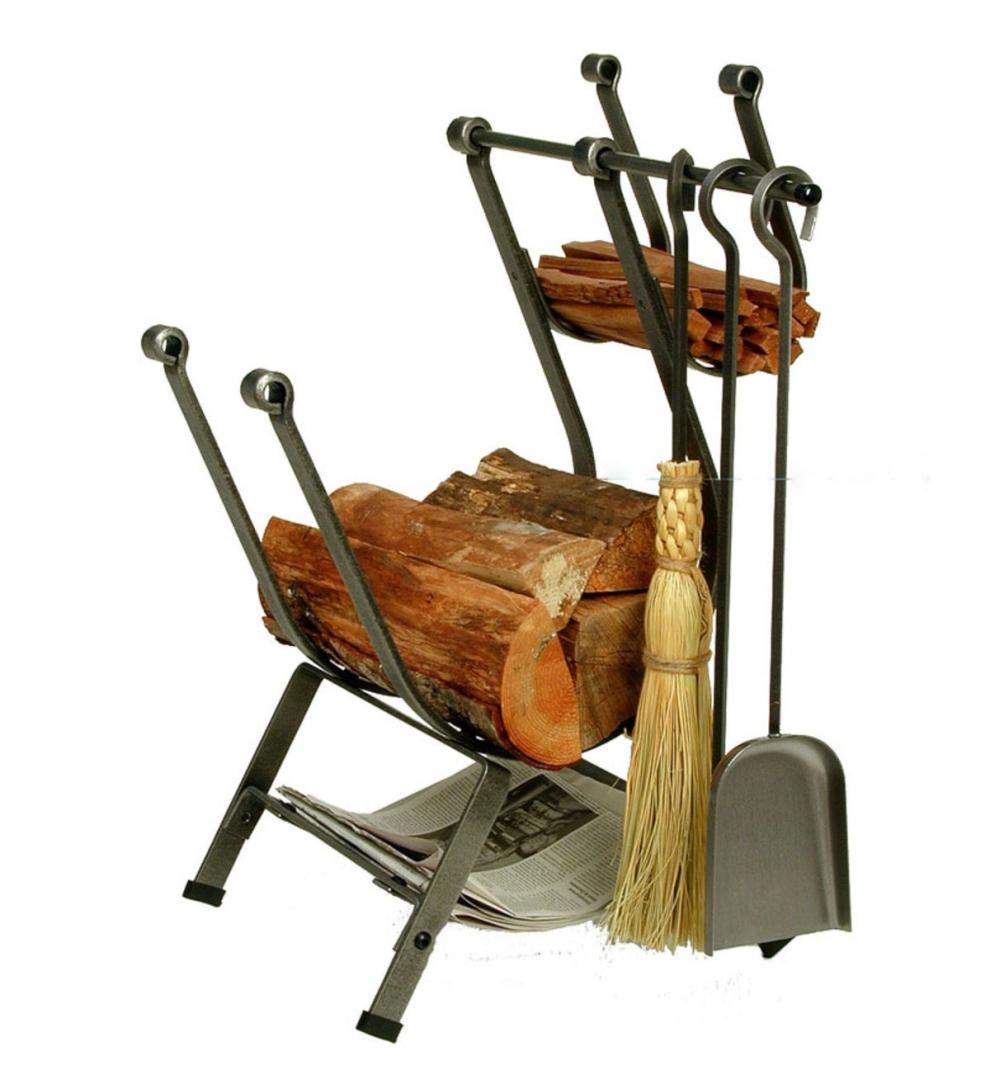 Plow & Hearth Wood Storage & Wood Racks Fireplace & Hearth American-Made Hammered Steel Front-Loading Log Rack With Set Of 3 Tools