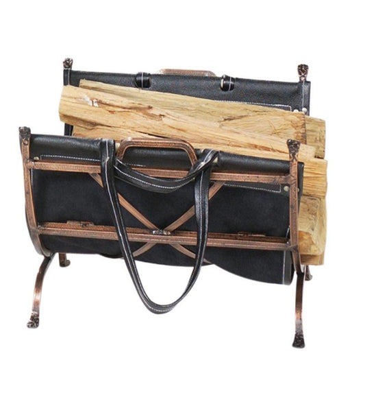 Plow & Hearth Wood Storage & Wood Racks Fireplace & Hearth Antique Copper Wrought Iron Log Holder With Leather Log Carrier - Antique Copper